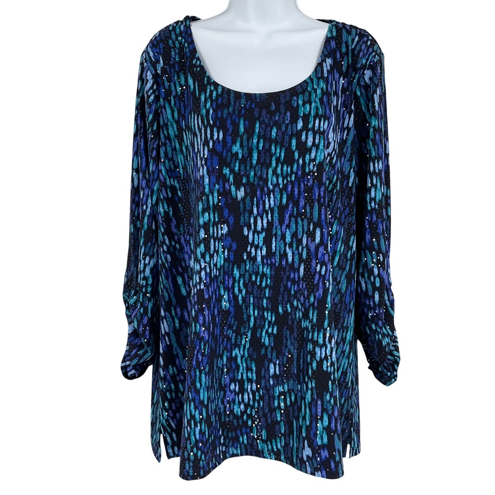 Susan Graver Tunic Top Womens XL Blue Sequin Ruched Abstract 3/4 Sleeve Travel